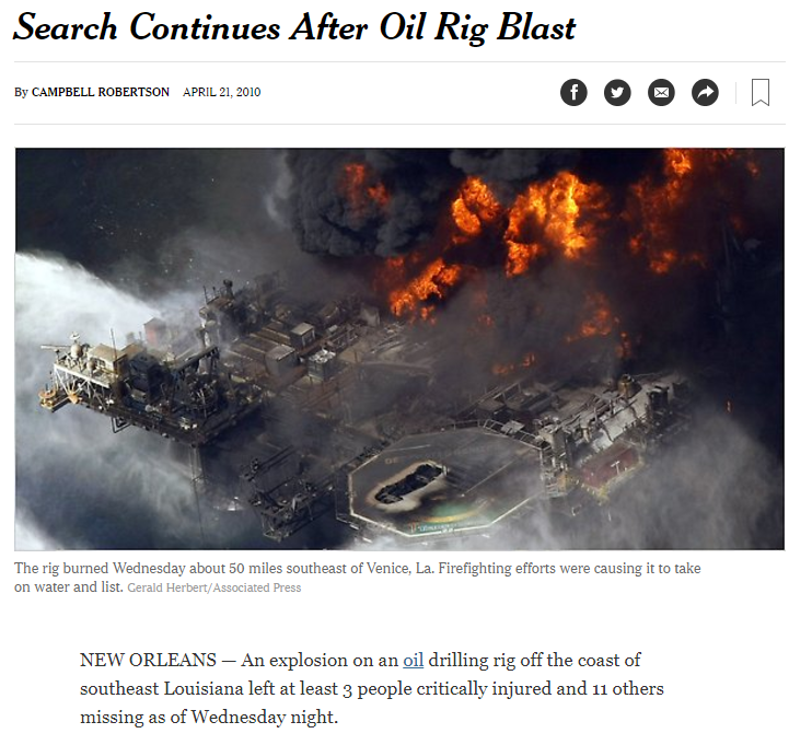 Screenshot of New York Times website with an article entitled _Search Continues After Oil Rig Blast_.