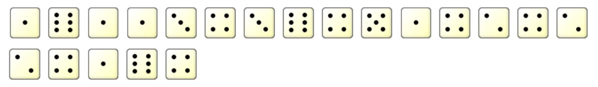 Twenty dice are lined up; there is no pattern to the values shown on the dice.